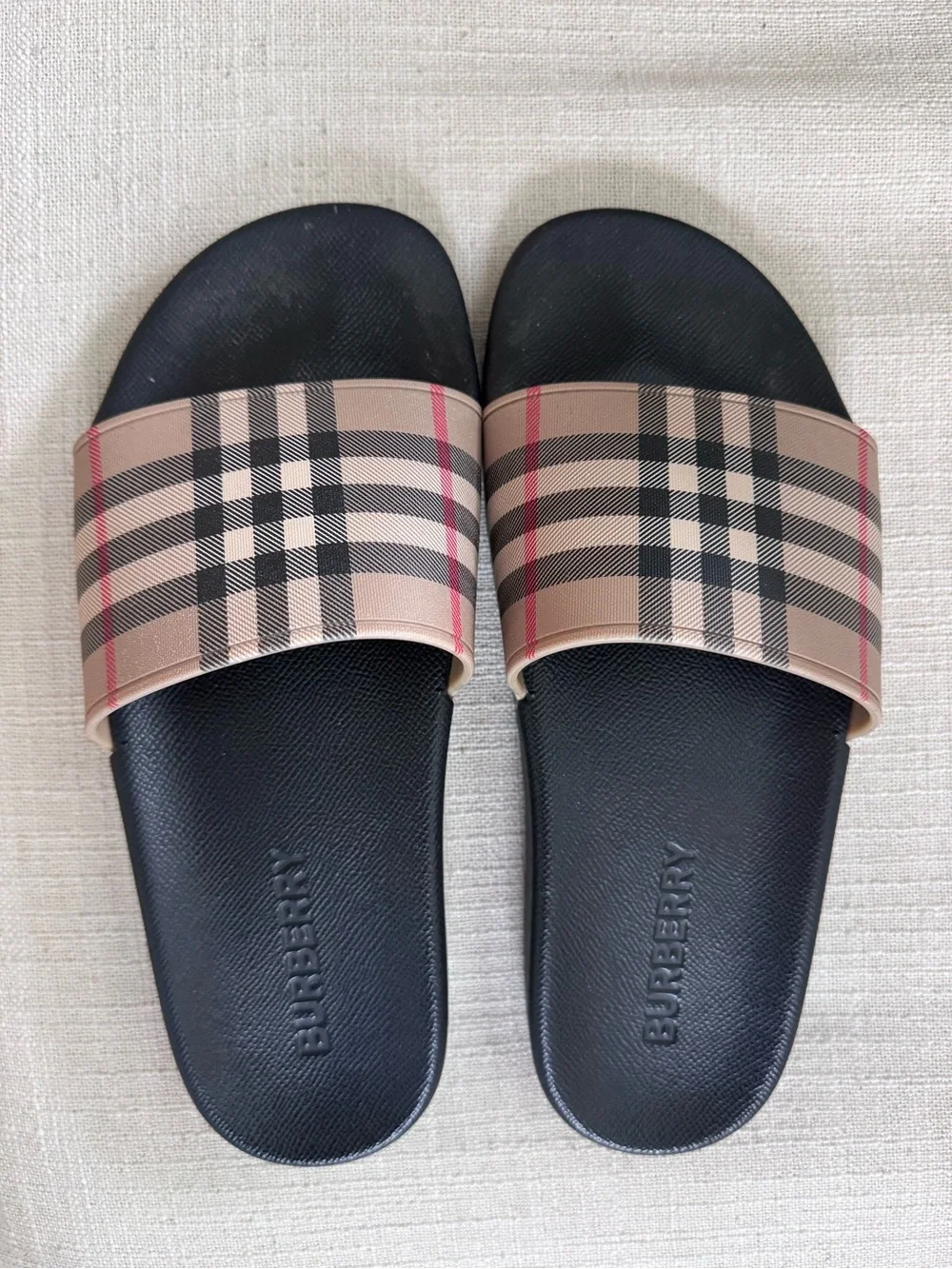 Burberry Black Slides with Beige Nova Check Strap - Picture 1 of 4